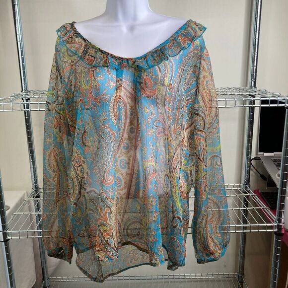 TravelSmith Women’s Turquoise Paisley Flowy Boho Artsy Airy Ruffled Top Size 1X - Picture 7 of 13